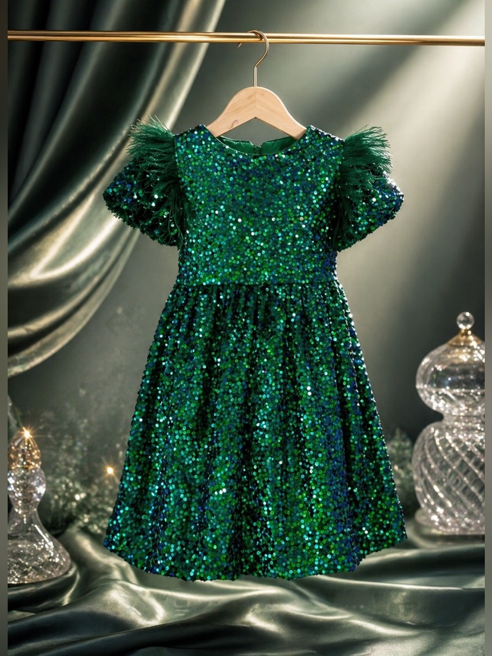 Lola + The Boys Green Sequin Feather Dress Size 10 Like New - Picture 3 of 6
